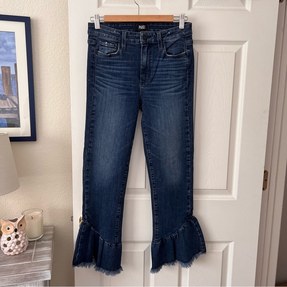 New Paige Flora Frayed Ruffle Hem Jeans Merritt Size 27 Dark Wash - Picture 6 of 12